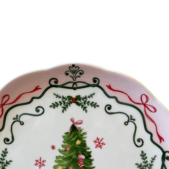 4 Potter's Studio CHRISTMAS TREE PINK Salad Plates 9in Ceramic Bows Holiday New - Picture 3 of 16
